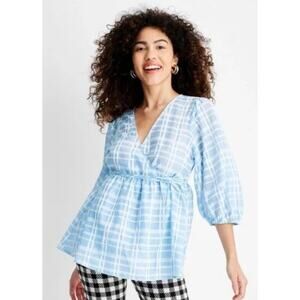 Gingham Check 3/4 Sleeve V-Neck Wrap Top - Future Collective Size 1X
